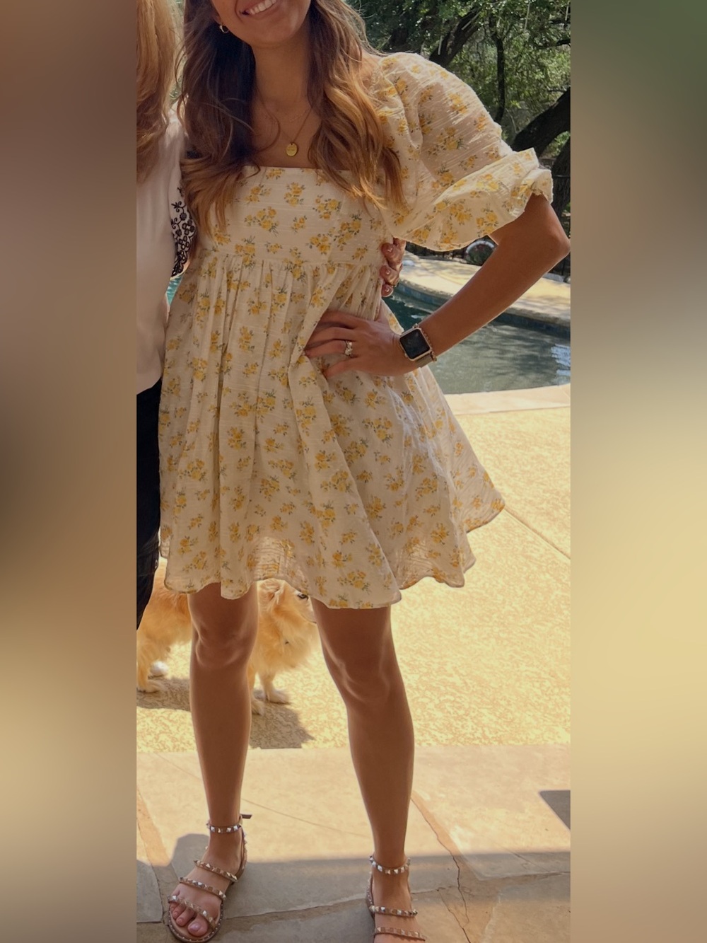 Storia White/Yellow Floral Print Dress with Puff Sleeves